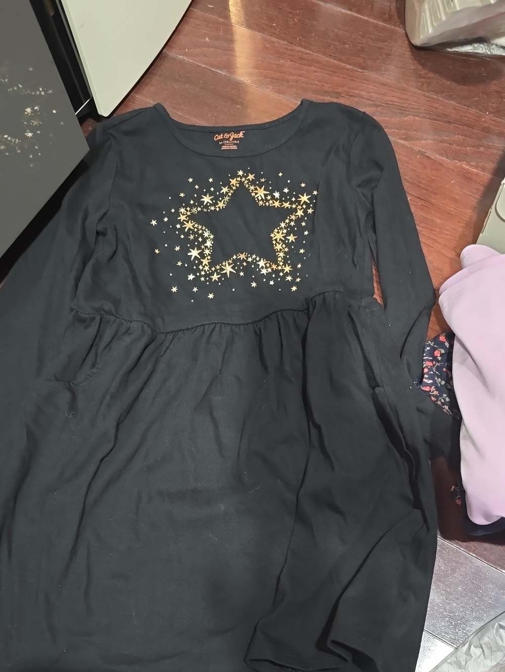 Cat & Jack Black Kids' Long Sleeve Star Dress with Gold Accent - Size L+
